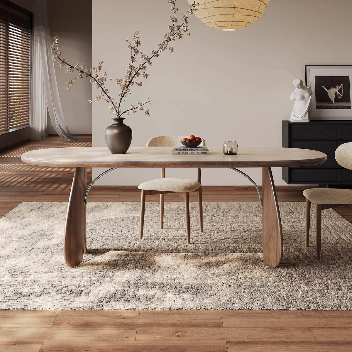 Élégant Ensemble Table à Manger Moderne en Bois et Chaises Associées×6 - Design Incurvé